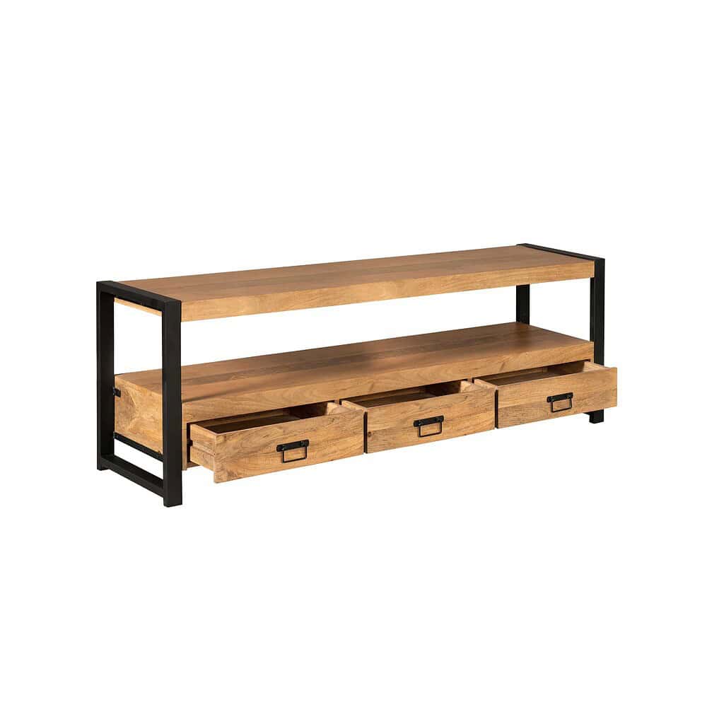 Massief houten tv-meubel met zwart metalen frame, drie ruime lades en bovenplank voor stijlvolle opbergruimte en decoratie. Perfect voor een modern en industrieel interieur.