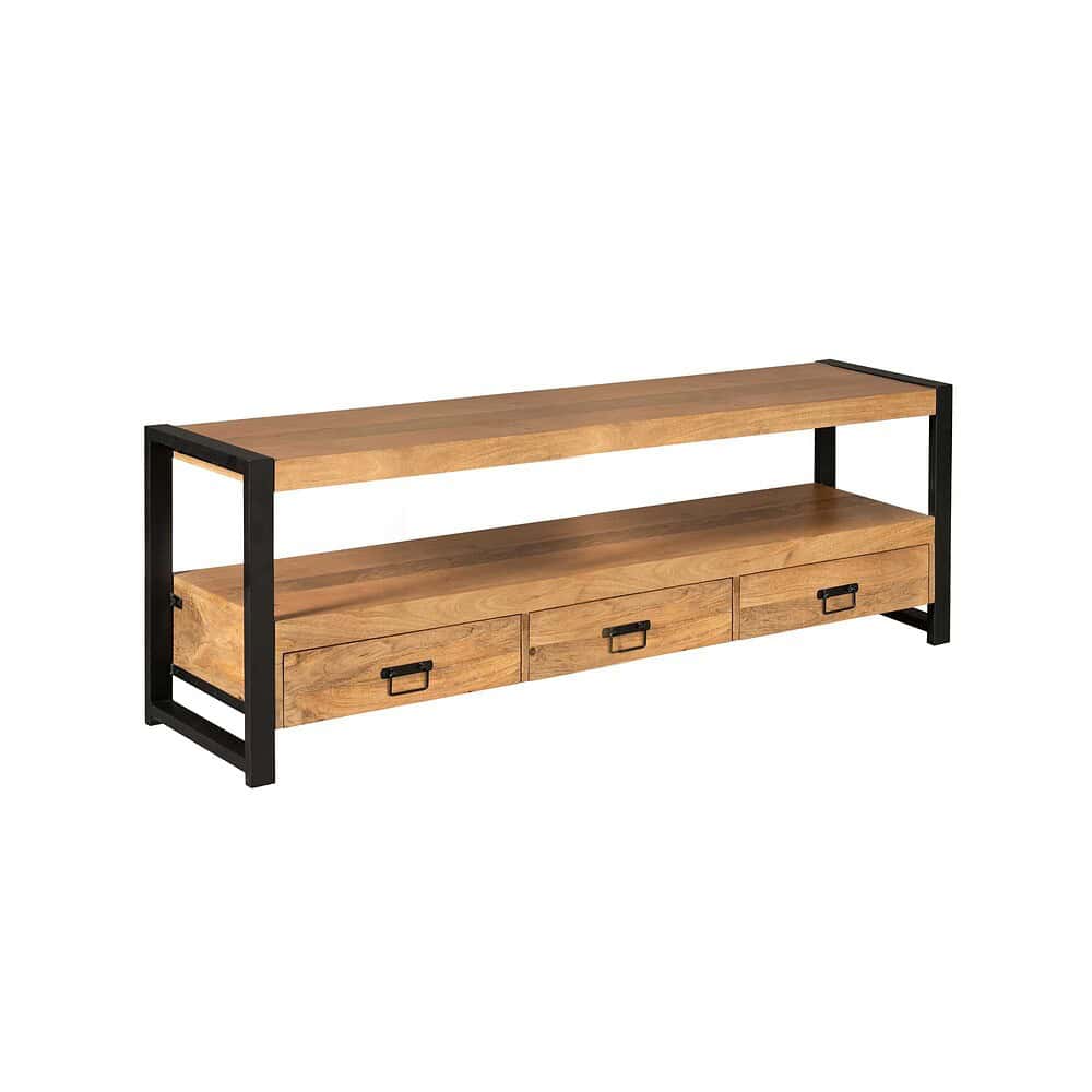 Massieve houten tv-meubel met zwart metalen frame, vintage uitstraling, opberglade en open rek voor woonkamer decoratie, perfect voor modern industrieel interieur.