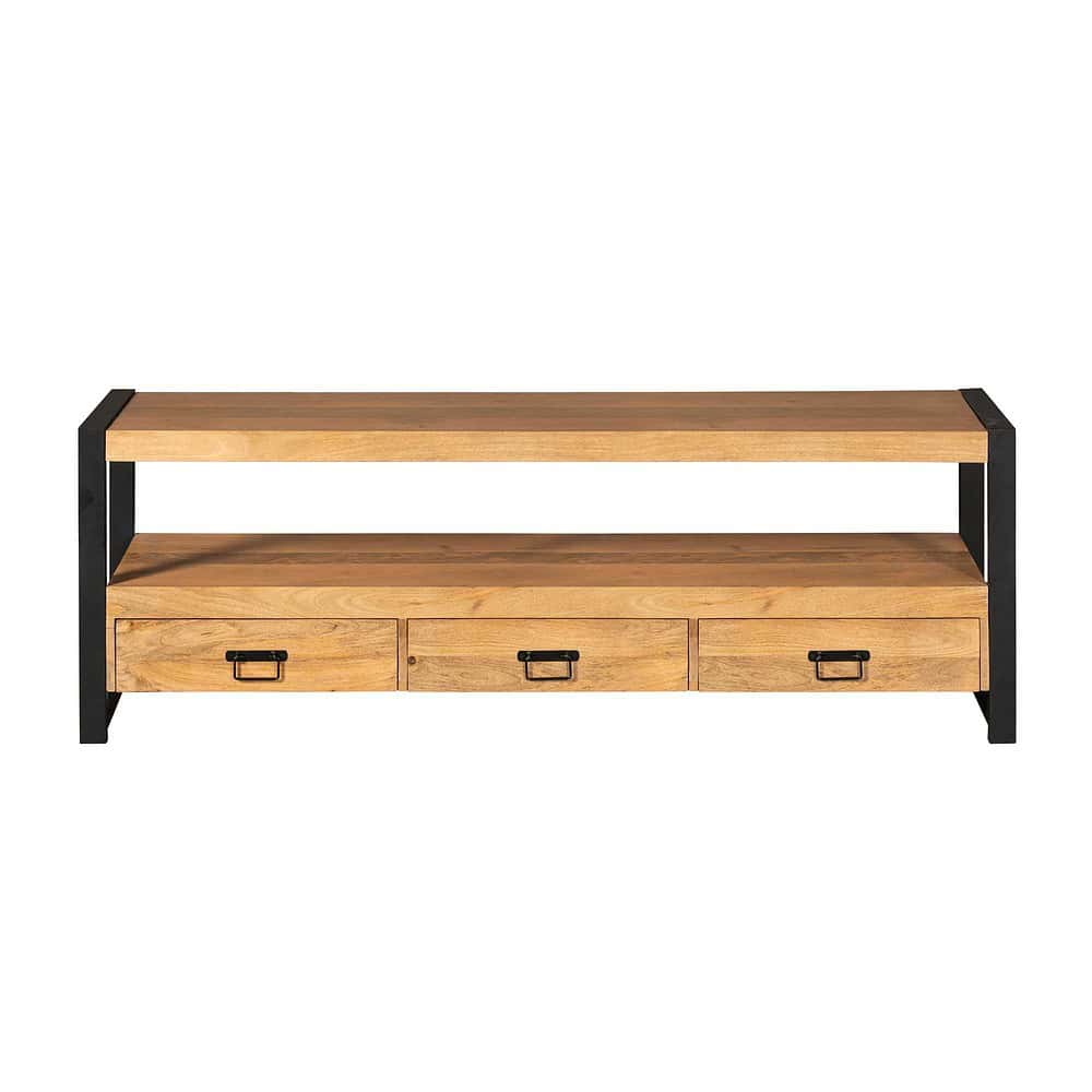 Robuuste houten TV-meubel met zwart metalen frame en drie lades voor opbergruimte, modern industrieel design, geschikt voor woonkamer, tv en accessoires.