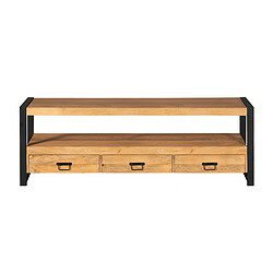 Robuuste houten TV-meubel met zwart metalen frame en drie lades voor opbergruimte, modern industrieel design, geschikt voor woonkamer, tv en accessoires.