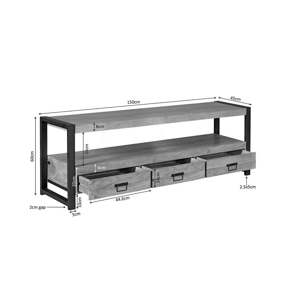 Hoogwaardige houten tv-meubel met opbergruimte en industrieel design, afmetingen 150x45 cm, inclusief lades en open schappen, perfect voor modern interieur, gemaakt door Mokana Meubelen.
