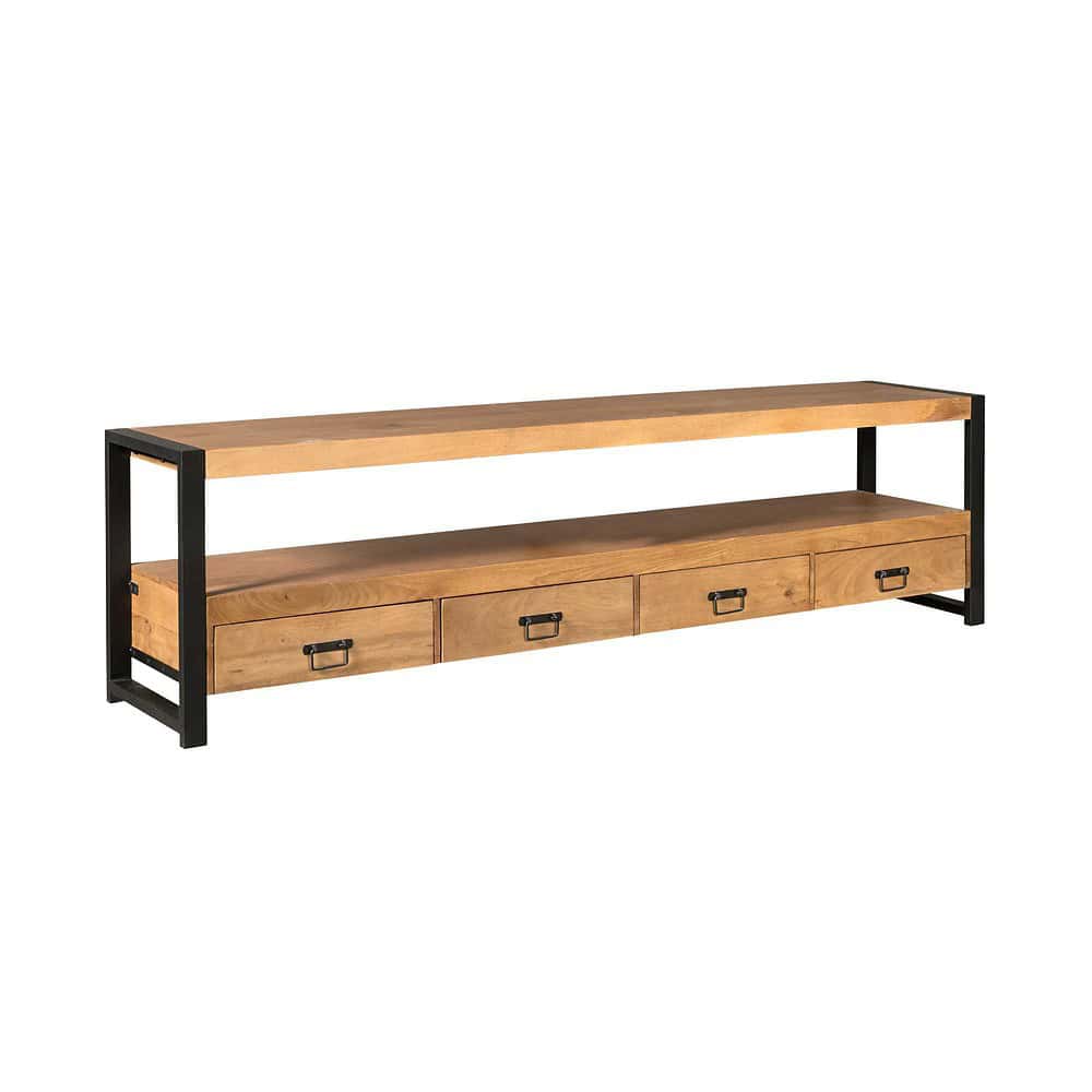 Vakantiebank van massief hout en zwart metalen frame, stoer en robuust design geschikt voor woonkamer of hal - Mokana Meubelen.