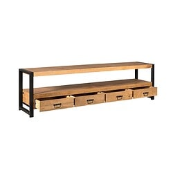 Robuuste houten salontafel met zwart metalen frame en praktische opbergladen, perfect voor een industriële inrichting.
