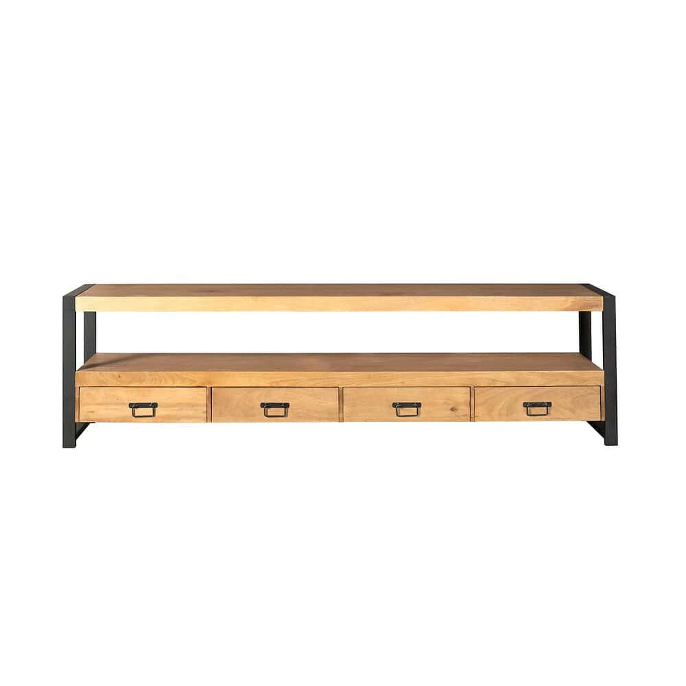 Moderne houten TV meubel met industrieel ijzeren frame en vier lades, perfect voor woonkamer entertainment en decoratie, industriële design.