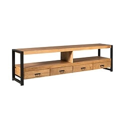 Robuuste houten TV-meubel met industrieel zwart metalen frame en praktische opbergladen, perfect voor moderne woonruimtes en landelijke interieurs.