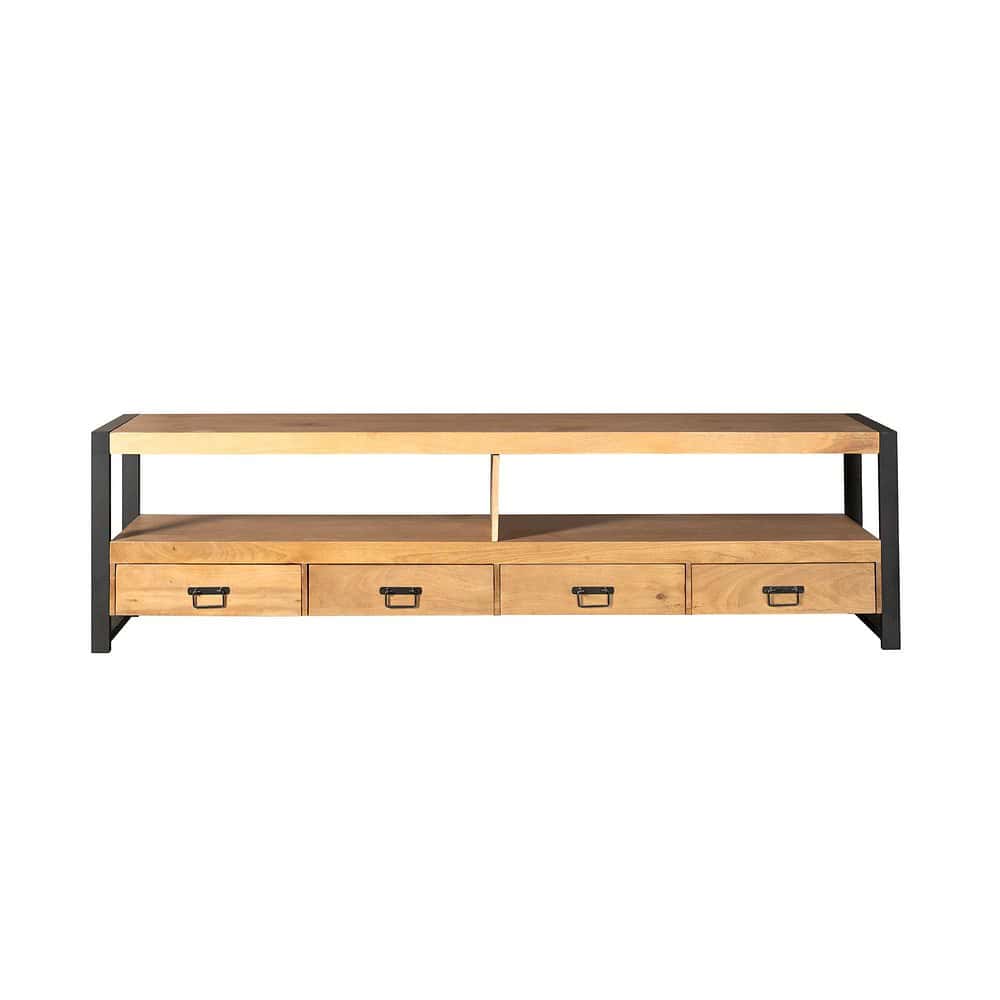 Elegante houten tv-meubel met industrieel zwart metalen frame, voorzien van vier praktische laden voor extra opbergruimte. Perfect voor een stijlvolle en functionele woonkameropstelling.