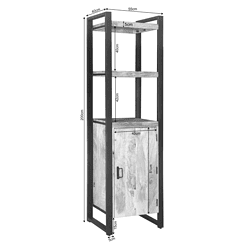 Zwart houten opbergkast met vakken en lade, industrieel design, maatwerk meubel, duurzame meubelstukken voor woonkamer of keuken.