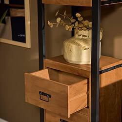 Energetische foto van een modern houten meubelstuk met lade en metalen frame, perfect voor interieurdecoratie en opbergen, gemaakt door Mokana Meubelen.