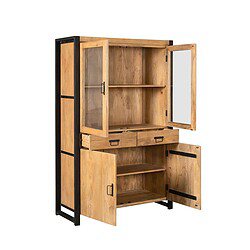 Hoogwaardige houten buffetkast met zwart metalen frame, finelineur en glazen deuren, perfect voor moderne woonruimte, ideaal voor opbergen en decoratie.