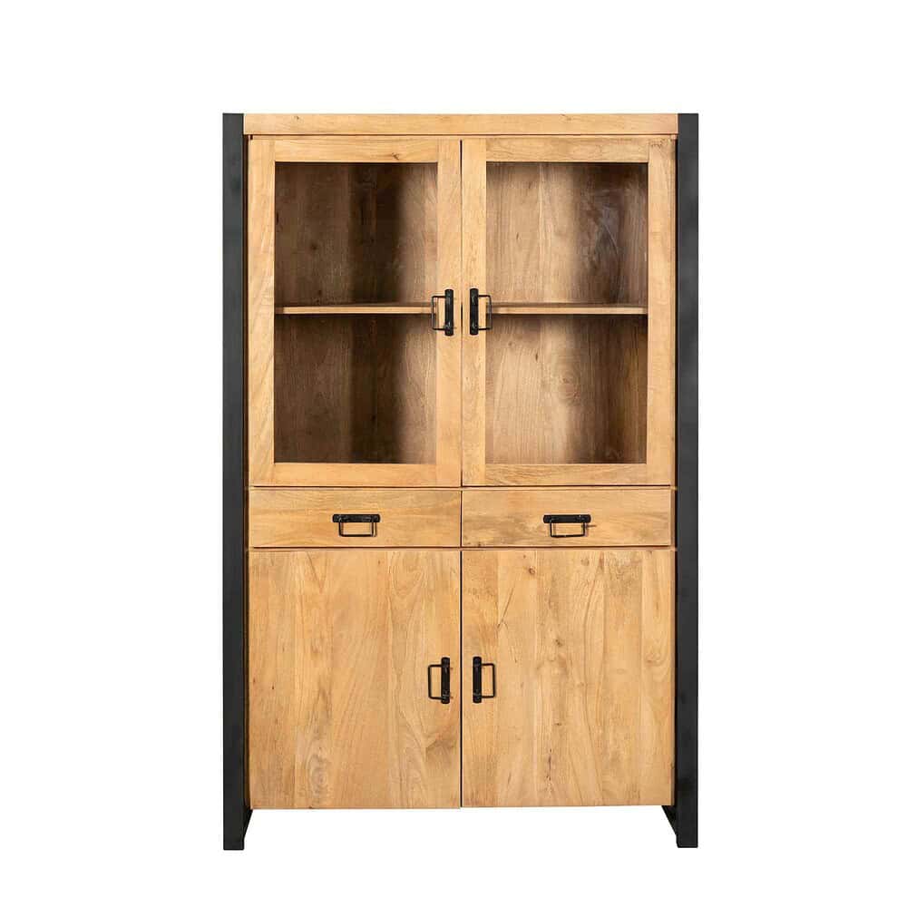 Ladekast van massief hout met zwart metalen accenten, ideaal voor modern en industrieel interieur. Geschikt voor woonkamer, eetkamer of keuken, biedt ruime opbergruimte en stijlvol design.