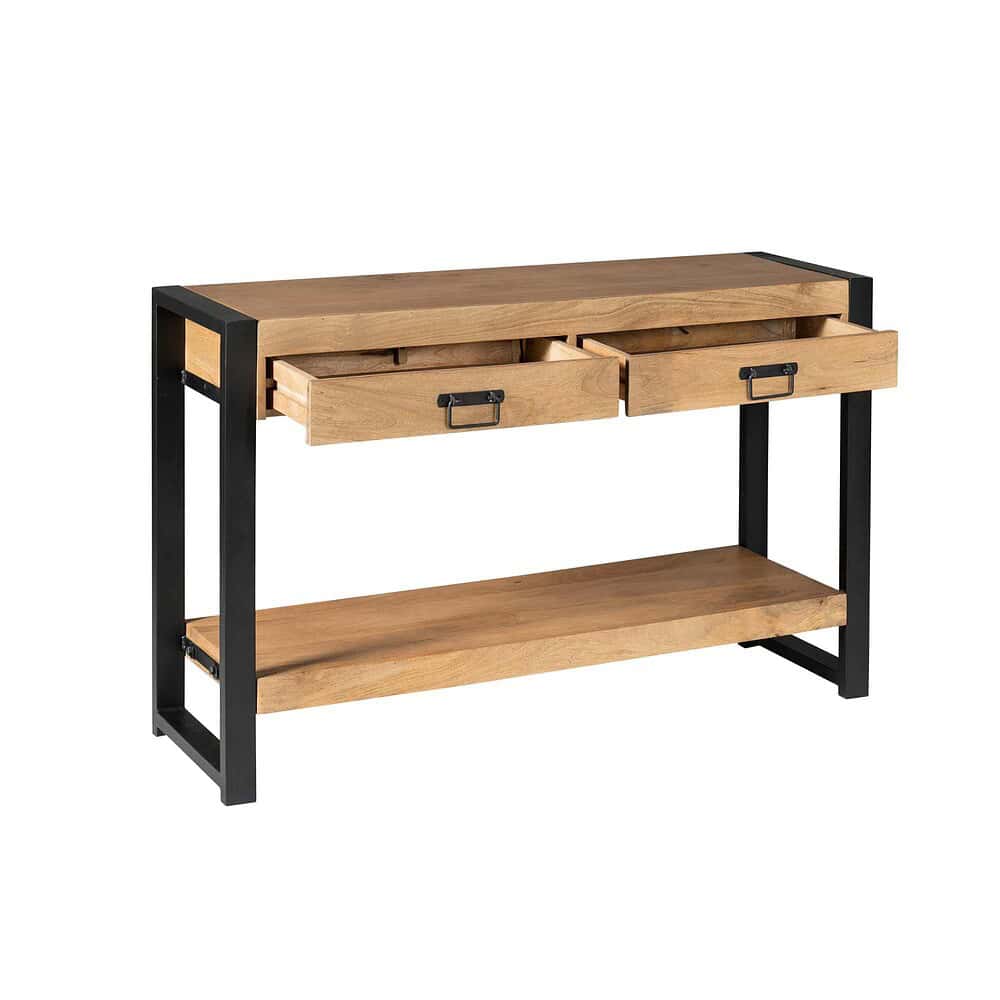 Modern houten console met zwart metalen frame en twee lades, perfect voor entree of woonkamer. Robuuste en stijlvolle meubelstukken van Mokana Meubelen.