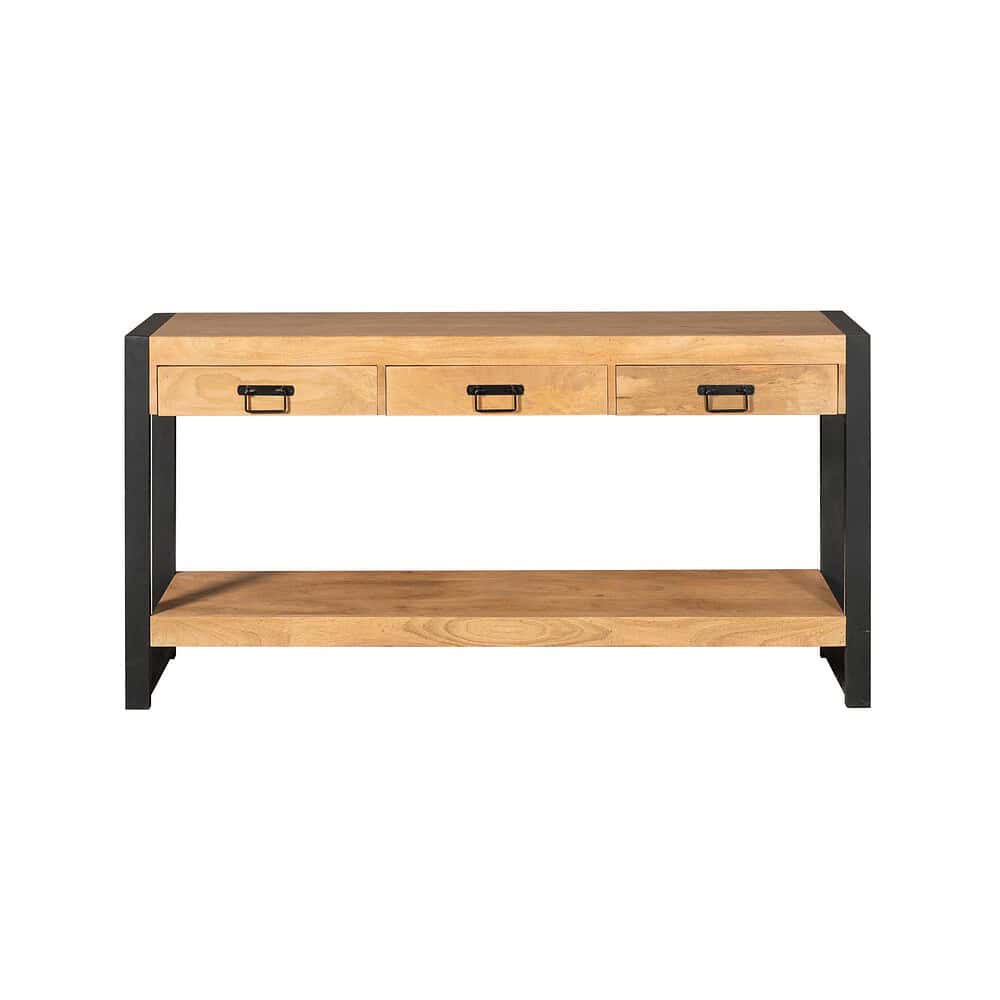 Boekenkast van massief hout en zwart metalen frame, industrieel design, opberger voor woonkamer of hal, stijlvolle en duurzame meubelstuk, Mokana Meubelen, landelijke en moderne interieurstijl.