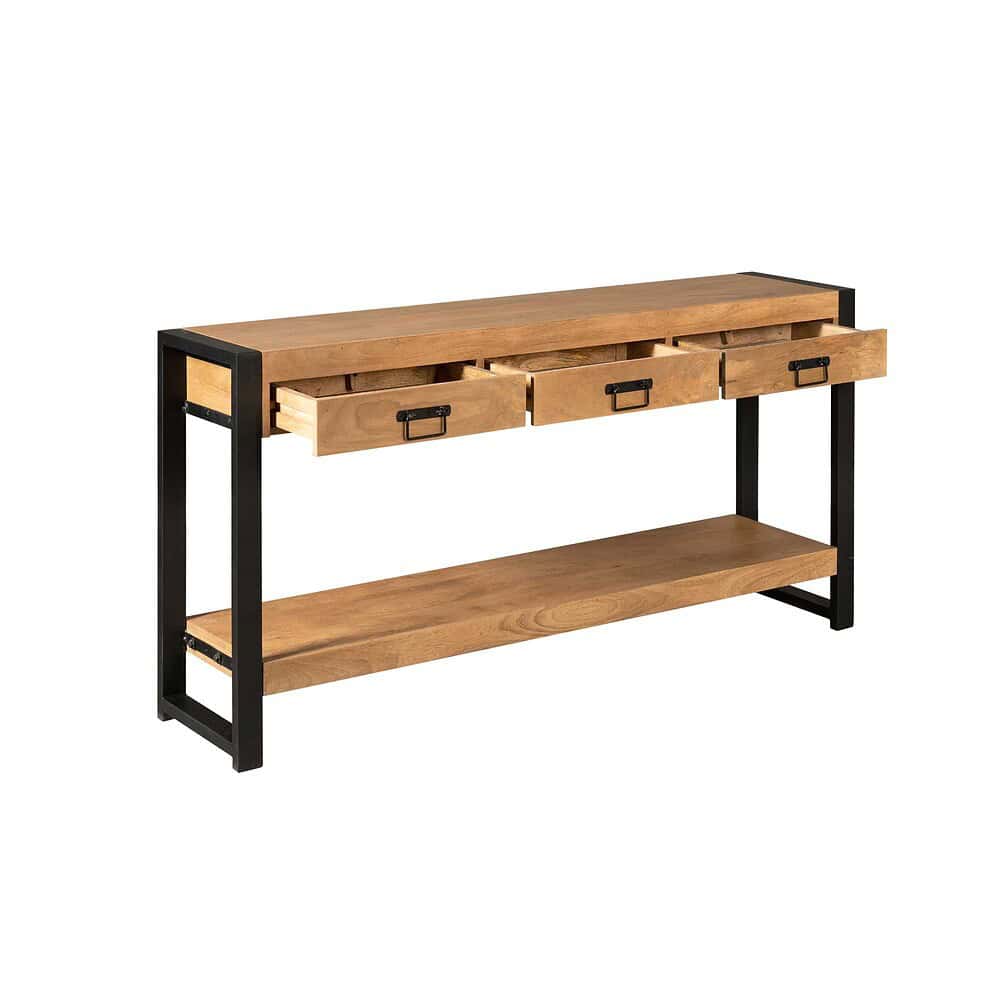 Robuuste zwarte metalen salontafel met natuurlijke houten laden en onderste plank, modern industrieel ontwerp, ideaal voor landelijke of moderne interieurstijlen, op maat gemaakt door Mokana Meubelen.