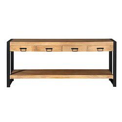 Hoogwaardige eikenhouten TV-meubel met zwart metalen frame, 4 ladevakken en open onderste plank, perfect voor woonkamer decoratie en opbergruimte.