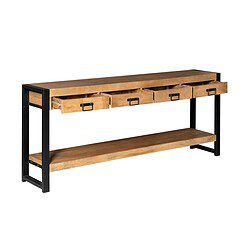 Robuuste houten tv-meubel met industrieel zwart metalen frame en drie open vakken voor wanddecoratie en opslag. Perfect voor een moderne woonstijl en multifunctioneel gebruik.