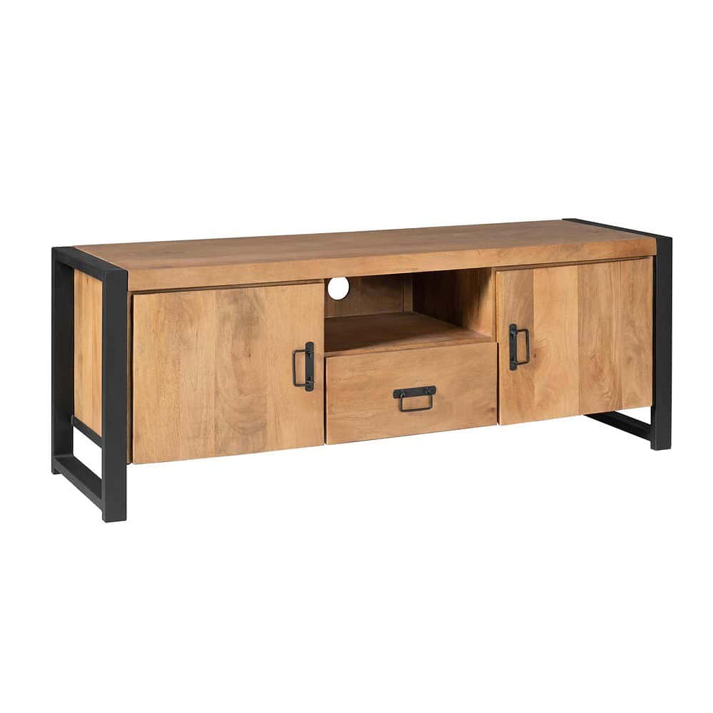 Houten tv-meubel met industrieel zwart metalen frame, opslagkast en lades, ruime opbergruimte, modern design, perfect voor woonkamer, woonkamermeubel, landelijke woonstijl bij Mokana Meubelen.