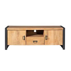 Geblikt houten tv-meubel met zwart metalen accenten en schuifdeuren, modern industriële design, perfect voor woonkamer, stijlvol en functioneel meubelstuk voor entertainmentsetup.