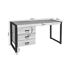 Uniek bureau van Mokana Meubelen met industrieel design, gebruiksvriendelijk en ruim opbergvak met 3 laden, robuust houten blad en zwart metalen frame, perfect voor een moderne werkplek.