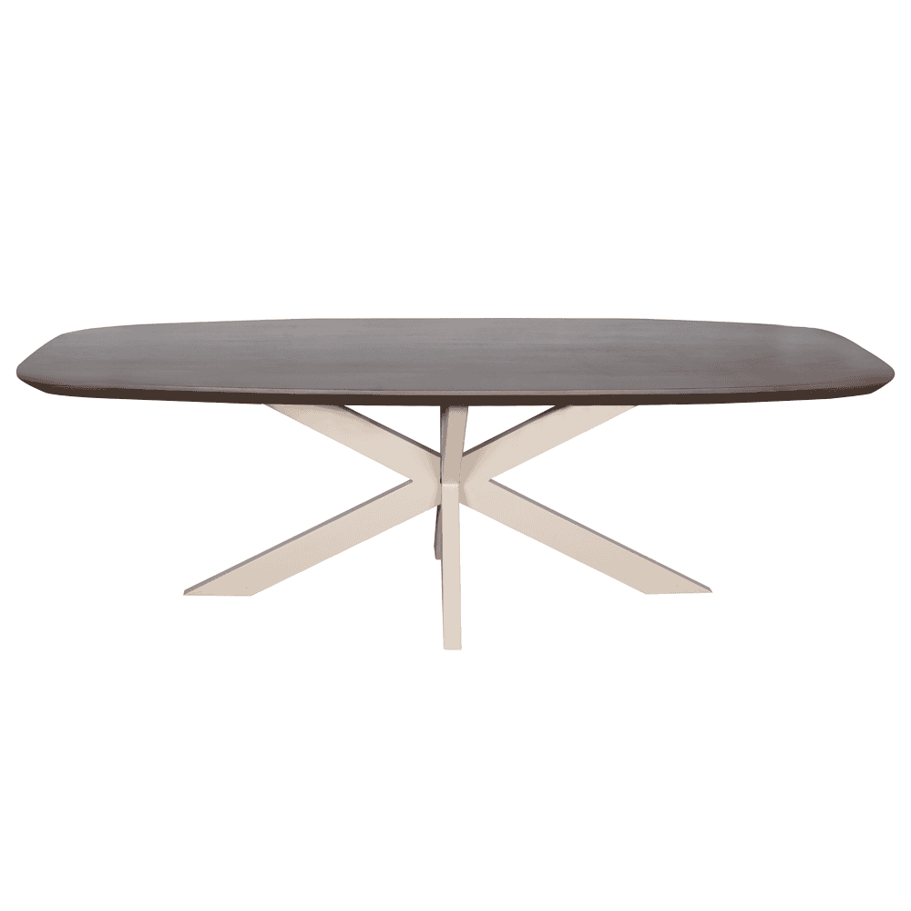 Elegante eettafel met houtachtige bovenkant en moderne witte onderstellen, perfect voor een stijlvolle eetkamer of vergaderruimte.