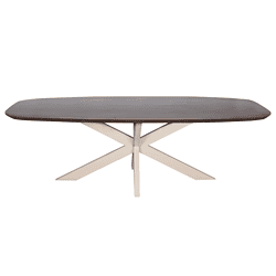 Elegante eettafel met houtachtige bovenkant en moderne witte onderstellen, perfect voor een stijlvolle eetkamer of vergaderruimte.