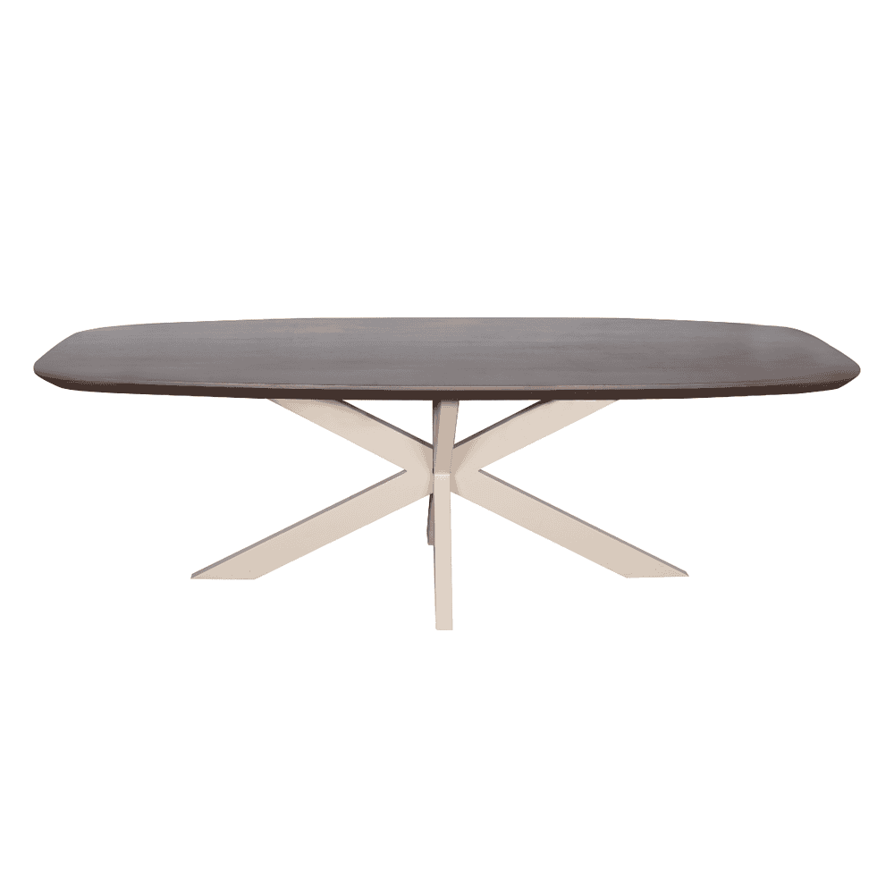 Modern eettafel met een eleganten houten blad en unieke sculpturale poten, perfect voor een stijlvolle eetkamer of interieur.