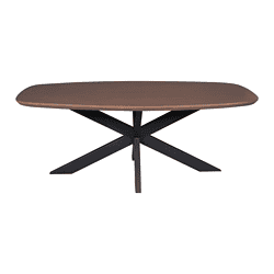 Strakke eettafel van massief hout met modern zwart metalen onderstel, perfect voor een stijlvolle eetkamer of salontafel, ontworpen door Mokana Meubelen.