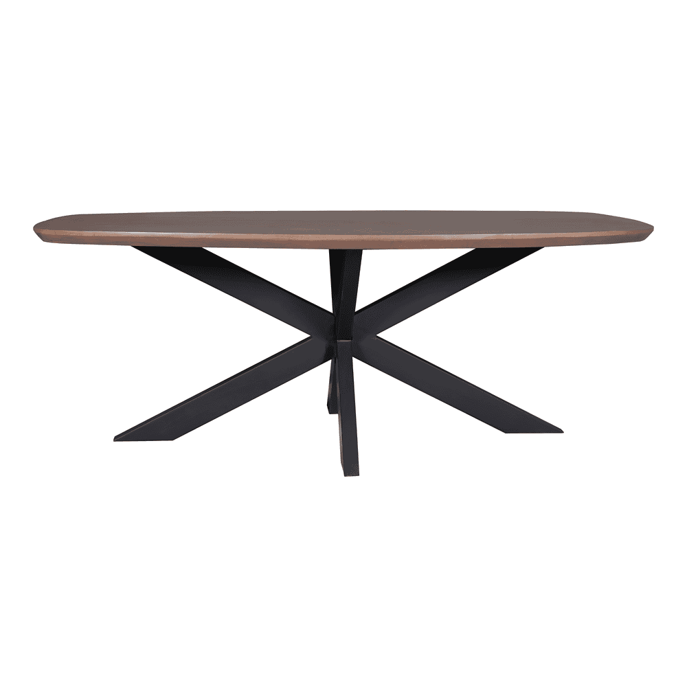 Elegante eettafel met een oerhouten blad en zwart metalen onderstel, perfect voor moderne eetkamers. Mokana Meubelen biedt op maat gemaakte, duurzame meubeloplossingen voor elk interieur.