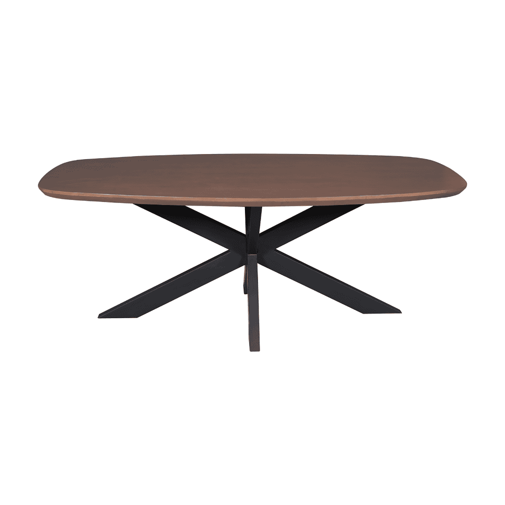 Elegante houten eettafel met zwart metalen onderstel, modern design en ruime afmetingen, perfect voor elke eetkamer of vergaderruimte.