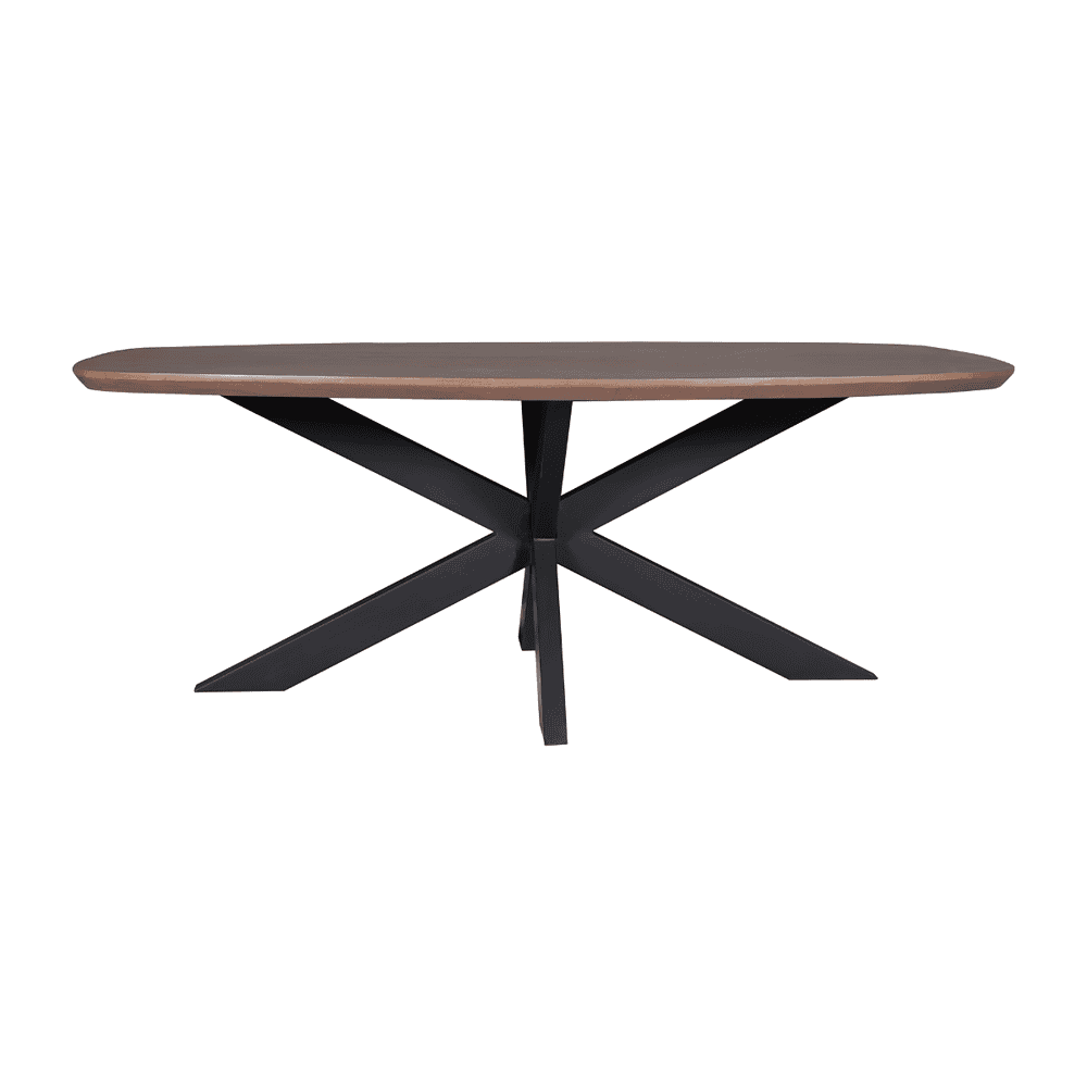Elegante eettafel van mokana.nl met een mooi houten blad en zwarte metalen onderstel, perfect voor een moderne eetkamer.