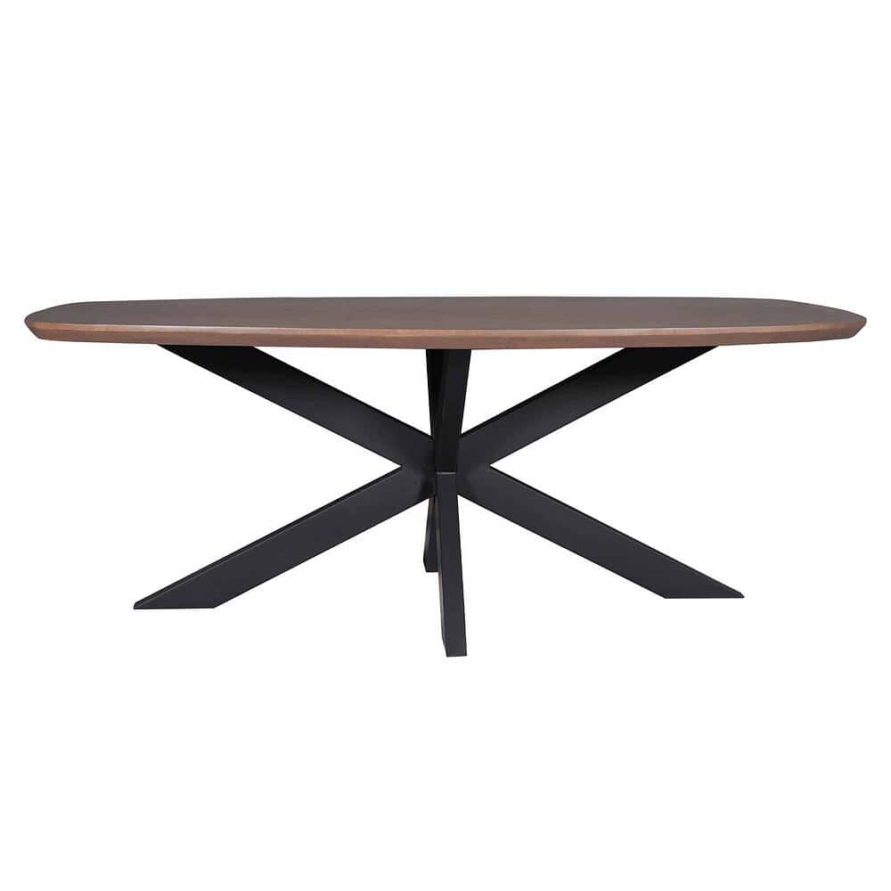 Elegante eettafel met massief houten blad en zwart metalen onderstel, perfect voor moderne en Scandinavische interieurstijlen. Duurzaam en stijlvol meubel van Mokana Meubelen.