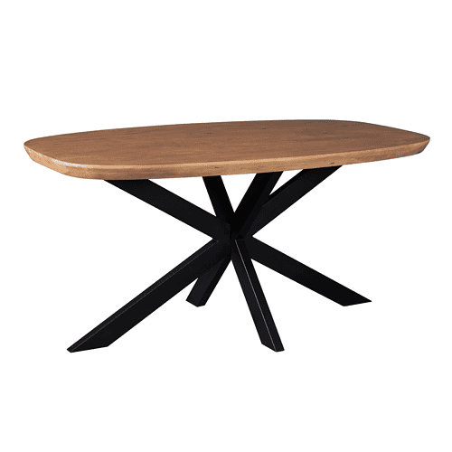 Elegante houten eettafel met zwart metalen onderstel, perfect voor een moderne eetkamer of kantoorruimte. Handgemaakt meubel met natuurlijke uitstraling en stevige constructie.