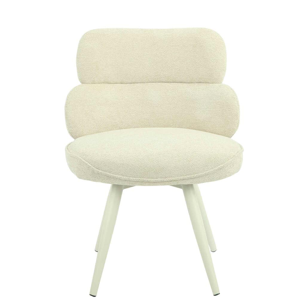 Lichte, moderne fauteuil met comfortabele bekleding en slanke witte poten, perfect voor een eigentijdse woonkamer of kantoor.