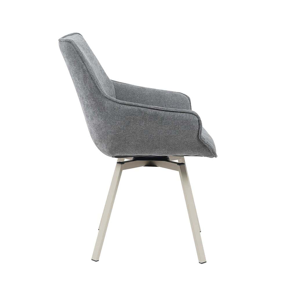 Comfortabele designstoel van Mokana Meubelen met grijze bekleding en stevige witte poten, perfecta voor moderne woon- en kantoorinterieurs.