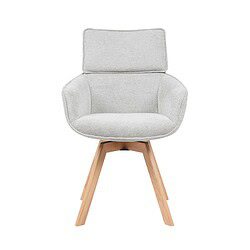 Zitkamerstoel in lichtgrijze stof met houten poten, modern en comfortabel design, perfect voor stijlvolle woonruimtes en eetkamers.