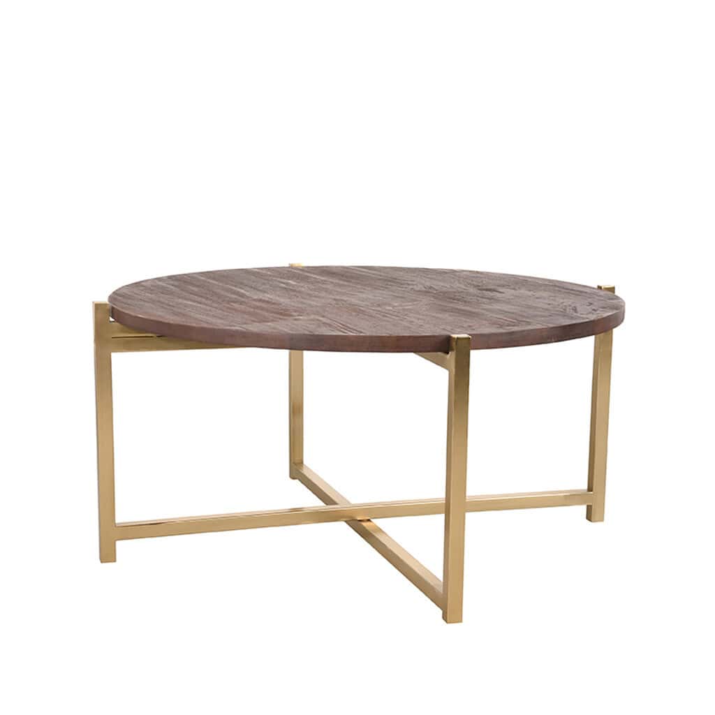 Naturale houten salontafel met gouden metalen frame, modern design en elegante uitstraling, perfect voor woonkamer, bijzettafels, luxe interieur en maatwerk meubels van Mokana Meubelen.