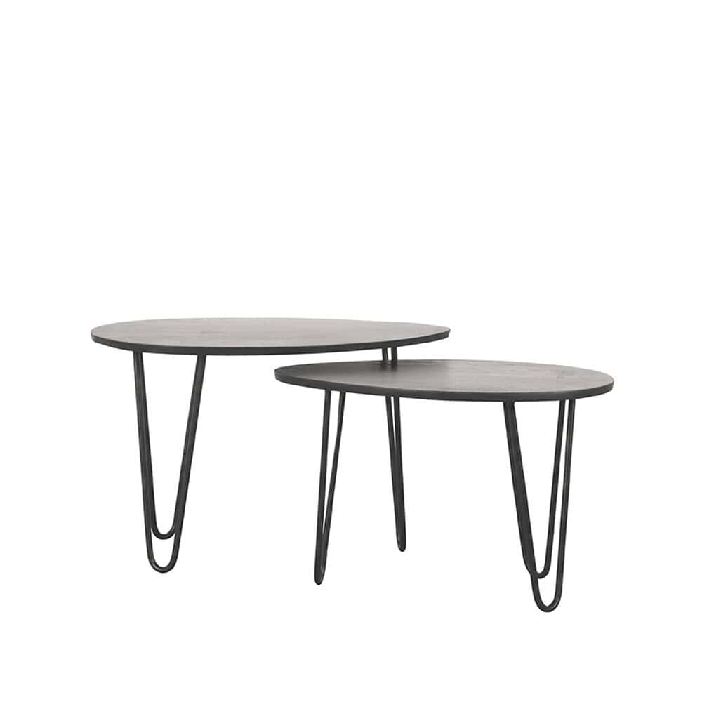 Elegante set van twee bijzettafels met houten bladen en metalen poten, modern design, ideaal voor modern interieur, multifunctioneel, stijlvolle en praktische toevoeging aan woonkamer of kantoor.