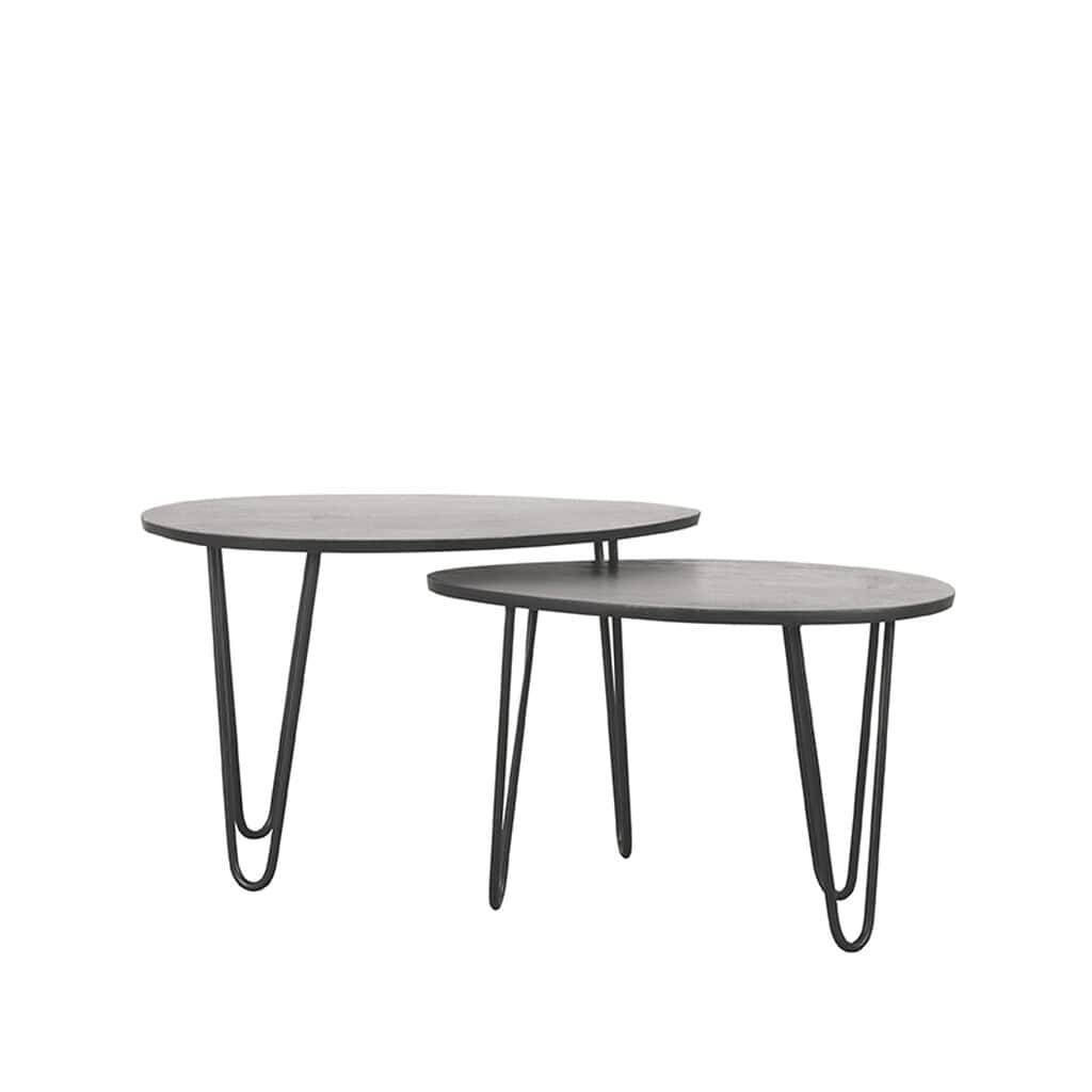 Elegante set van twee bijzettafels met houten bladen en metalen poten, modern design, ideaal voor modern interieur, multifunctioneel, stijlvolle en praktische toevoeging aan woonkamer of kantoor.