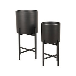 Stijlvolle zwarte plant- en bloemenpotten op metalen standaard, modern tuin- en interieurdecoratie.