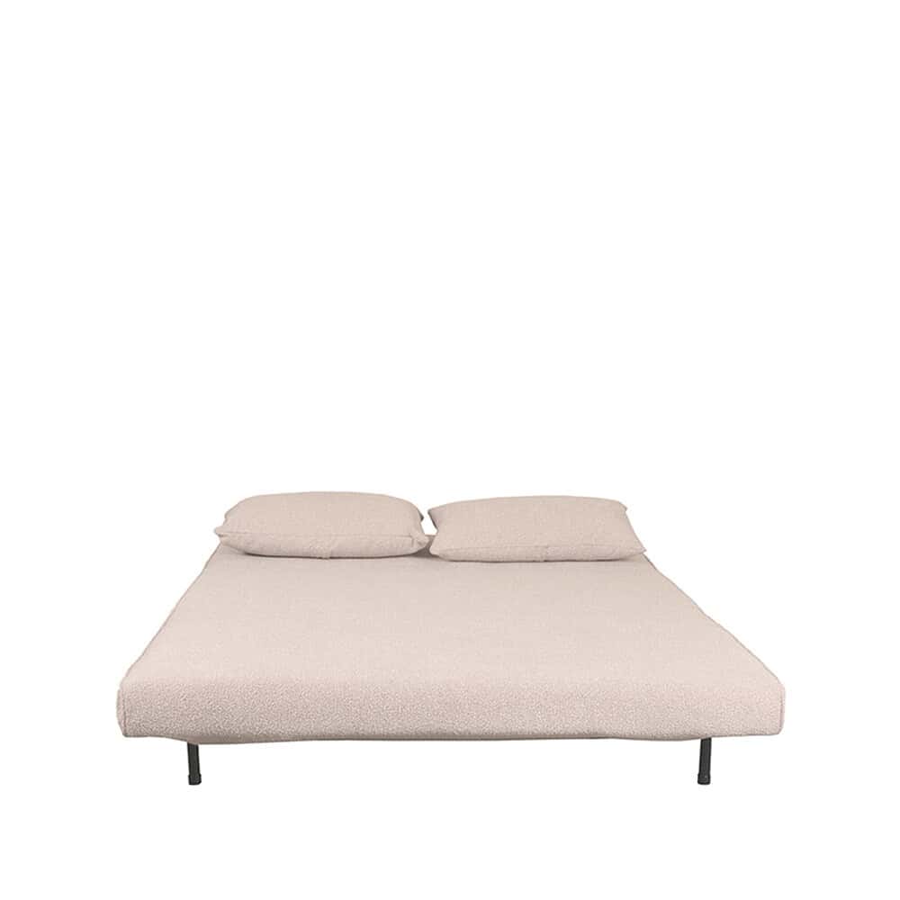 Zwevende bed met lichte beige stoffen bekleding en zwarte metalen poten, modern en minimalistisch design.