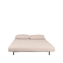 Zwevende bed met lichte beige stoffen bekleding en zwarte metalen poten, modern en minimalistisch design.