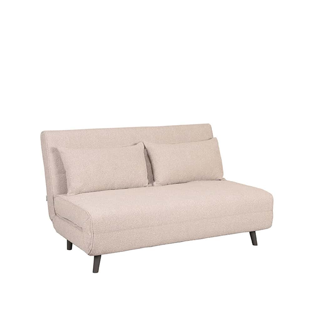 Lichtroze woonkamerbank met strakke lijnen en zwarte poten, perfect voor moderne interieurs, bekleed met kwalitatieve stoffen.