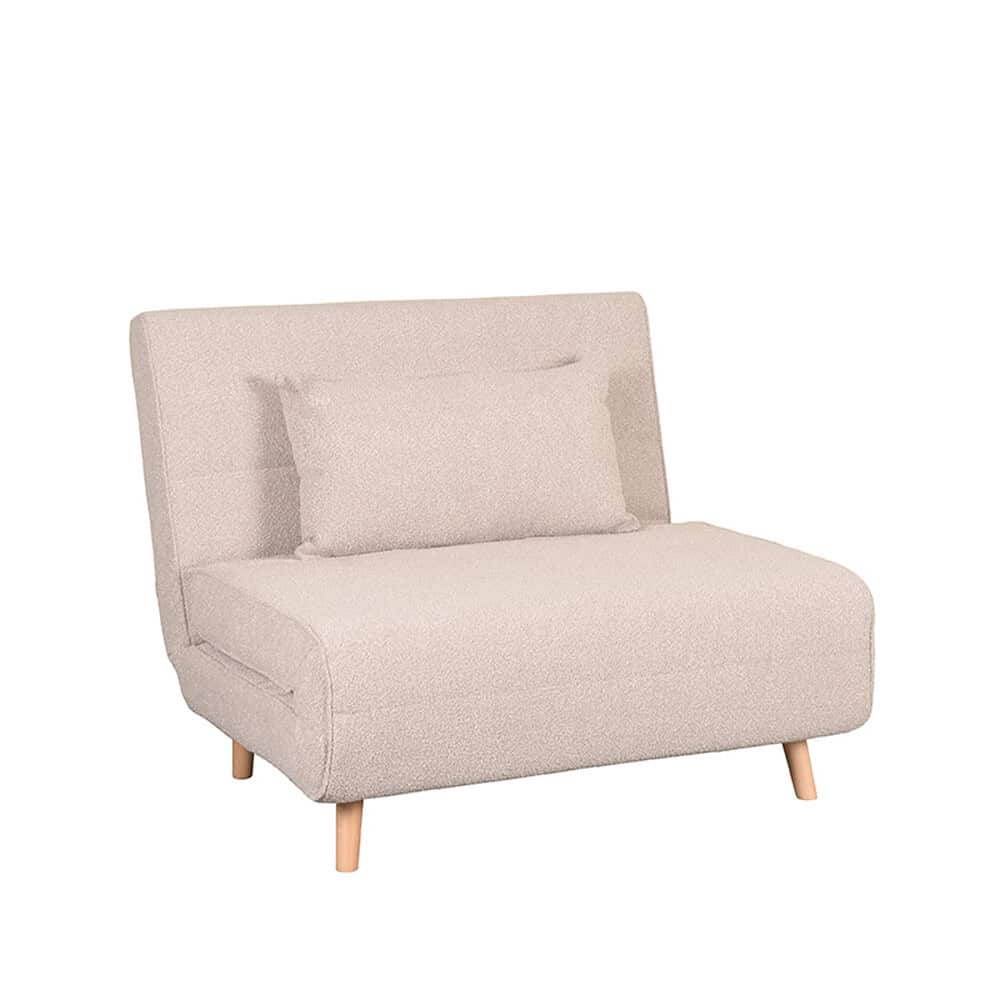 Houten bankje met licht beige bekleding en bijpassende kussen, Scandinavisch design, comfortabele zit, ideaal voor woonkamer of slaapkamer.