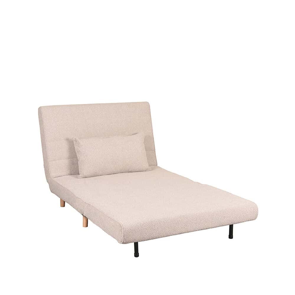 Lichtroze stofferen bank met slaapfunctie en bijpassende kussen, modern ontwerp.