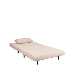 Houten bedbank met beige bekleding en losse kussen, modern en comfortabel ontwerp, perfect als logeerbed of extra slaapruimte in huis. Design meubel van Mokana Meubelen.