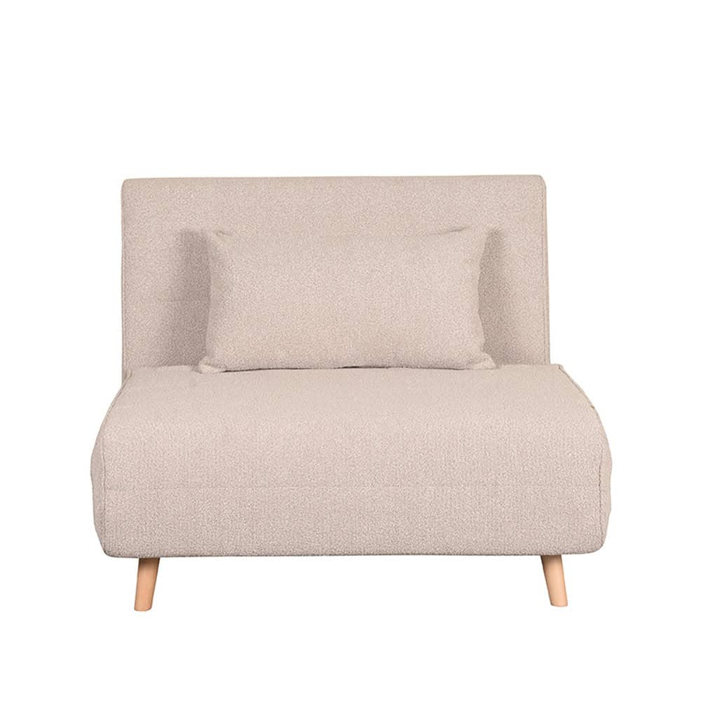 Knusse beige zetel met armleuning en comfortabele kussens, perfect voor modern interieur. Gemaakt door Mokana Meubelen, combineert stijl en comfort in een Scandinavisch design.