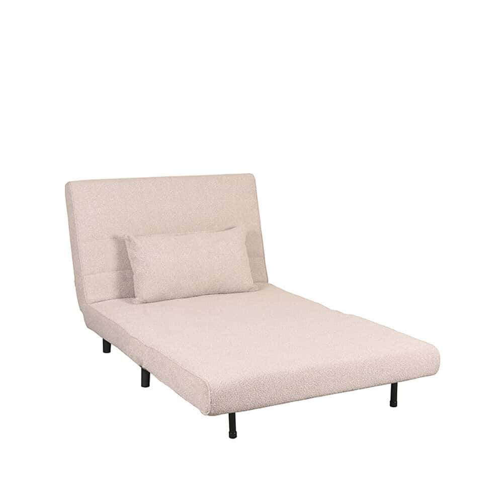 Design zwart metalen onderstel bank met lichtbeige stoffen bekleding en bijpassend kussen, modern en elegant meubelstuk voor woonkamer of slaapkamer.