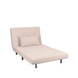 Design zwart metalen onderstel bank met lichtbeige stoffen bekleding en bijpassend kussen, modern en elegant meubelstuk voor woonkamer of slaapkamer.