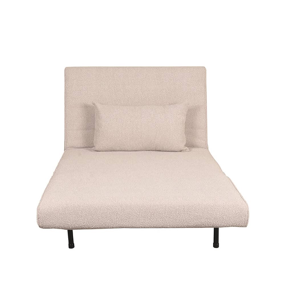 Elegante beige stoffen slaapbank met hoogwaardig afwerking en verstelbare hoofdsteun, ideaal voor moderne interieurs en gastenverblijven.