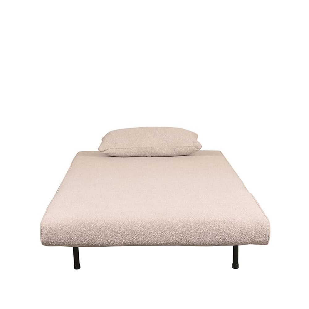 Luchtig en modern bed met beige bekleding en zwarte poten, perfect voor stijlvolle en comfortabele slaapkamers.