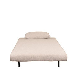 Luchtig en modern bed met beige bekleding en zwarte poten, perfect voor stijlvolle en comfortabele slaapkamers.
